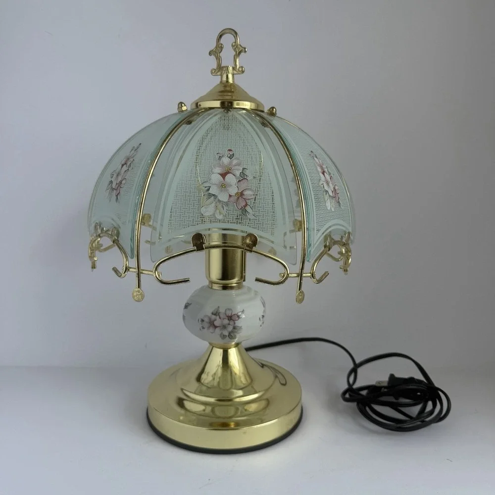 VTG 90s Touch Lamp Printed Floral Design Glass Small Table Lamp *Flaw*